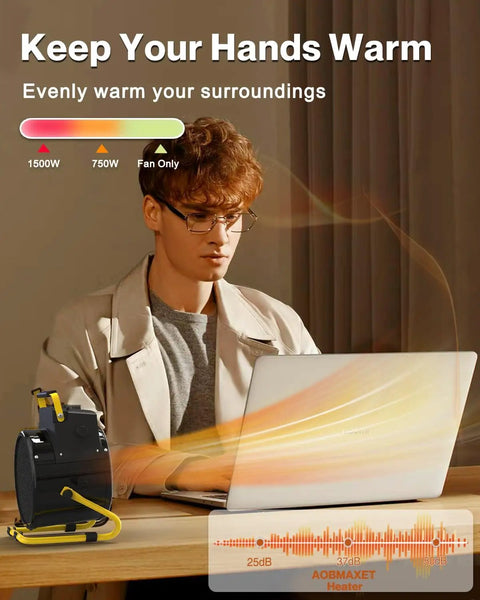 Person using laptop with Portable 1500W Electric Outdoor Heater For Patio And Garage 2S beside them on desk