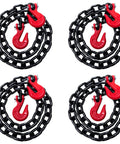 Four Heavy Duty Half Inch Grade 80 Transport Binder Chains Twenty Foot with Clevis Grab Hooks arranged in coils.