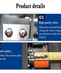 Close-up of high-quality cutter and pressure pulley on Smart Auto Tape Cutter Machine With Adjustable Sealing Length For Fast Small Box Packing, Secure Toy And Hardware Shipping That Cuts Like A Total Champ Today.