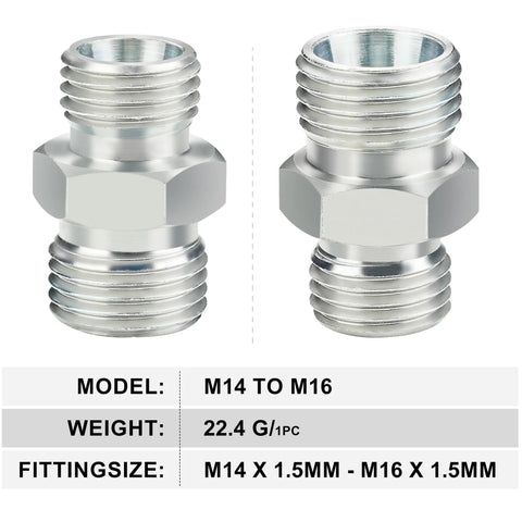 Front and back views of four chrome M14–M16 hydraulic adapter fittings for mini excavator hoses