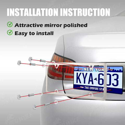 Installation of Stainless Steel License Plate Frame 4 Hole Mirror Polish Silver Tag Cover Kit with diagram