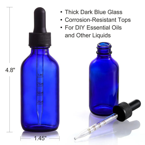 Dead Simple 2 Oz Dark Blue Glass Dropper Bottles, 4 Pack With Exact 1Ml Calibrated Eyedroppers, No Drama Silicone Caps For Essential Oils, DIY Tinctures, And Slick Beauty Blends