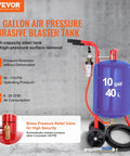 Powerful 10 Gallon Sandblaster Kit With 125 PSI Pressure For Fast Paint Rust Stain Removal And Tough Surface Prep Complete Blasting System For Metal Wood And Concrete showing blue tank and hose setup