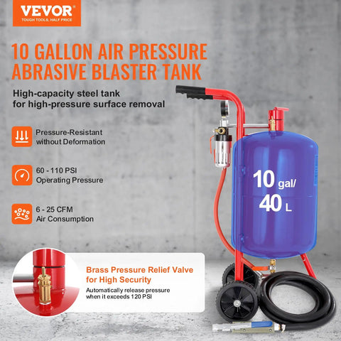 Powerful 10 Gallon Sandblaster Kit With 125 PSI Pressure For Fast Paint Rust Stain Removal And Tough Surface Prep Complete Blasting System For Metal Wood And Concrete showing blue tank and hose setup