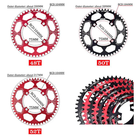 Round Chainring 104BCD Narrow Wide Teeth For 7 To 12 Speed Cranks Durable 7075 Aluminum Anodized Finish in red and black sizes 48T, 50T, 52T