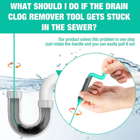40 Inch Flexible Bathroom Drain Hair Remover With Rotating Handle Reinforced Steel Drain Snake shown in action clearing hair clogs.