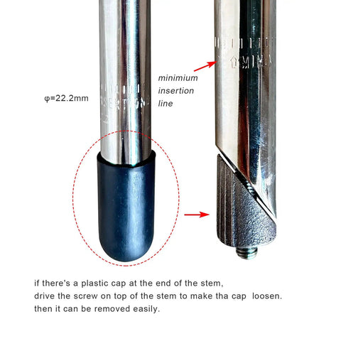 Aluminum Gooseneck Bike Stem For 22.2mm Fork Tubes And 25.4mm Handlebar Clamp, insertion line and plastic cap shown