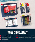 Keep Your Backyard Pool And Spa Water Crisp With This Solid Two Way Test Kit Checking Free Chlorine And pH Levels For Up To One Hundred Totally Hassle Free Home Checks. Image shows storage case, test bottles, and comparator.
