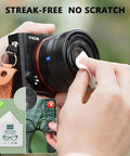 Purelia Anti-Fog Lens Wipes, 100-count, individually wrapped; hand wiping camera lens with a white wipe