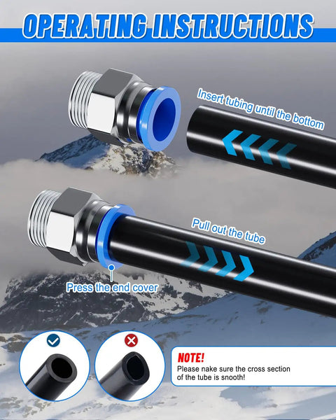 Instructions for connecting tubing with 116 Piece Quick Connect Air Fitting Kit For One Eighth To One Half Inch Lines