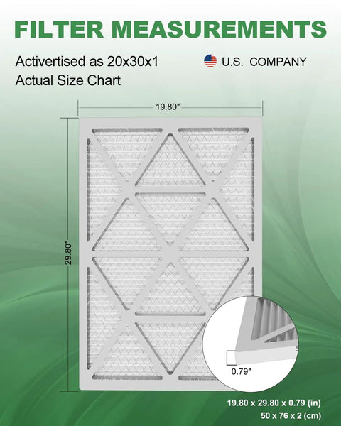 MERV 8 Pleated Air Filter 20x30x1 6 Pack For Home HVAC Systems Replacement showing actual size diagram with measurements.