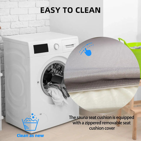 Cozy Sauna Bench Pad For Inside Or Outside Waterproof Insulated Seat Cushion with zippered removable cover next to washing machine.