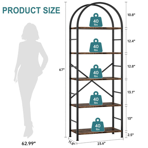 Arched Five Tier Bookshelf Tall Bookcase With Ample Storage For Books CDs And Office Essentials in space saving modern rustic brown finish.