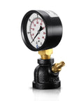 Front view: CARBO Instruments gas test pressure gauge, 1-inch FNPT brass valve, chrome-plated steel body assembly.