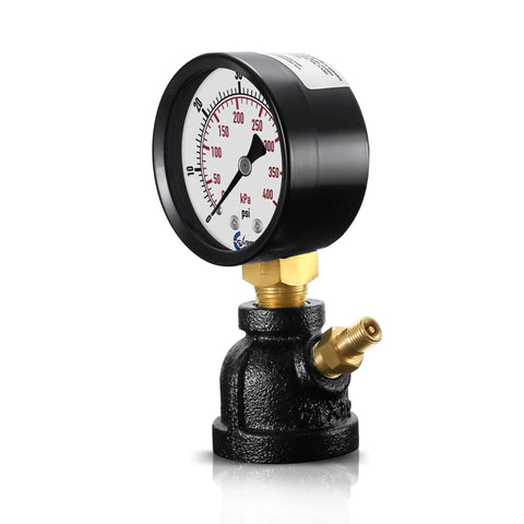 Front view: CARBO Instruments gas test pressure gauge, 1-inch FNPT brass valve, chrome-plated steel body assembly.