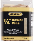 1/4-Inch Fluted Wood Dowel Pins, 72 Count Pack, in plastic packaging with visible hardwood dowels