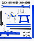 Heavy Duty Hydraulic Engine Hoist With 4400 Lb Capacity Telescoping Boom Folding Cherry Picker Shop Crane components including black hydraulic cylinder and blue frame parts.