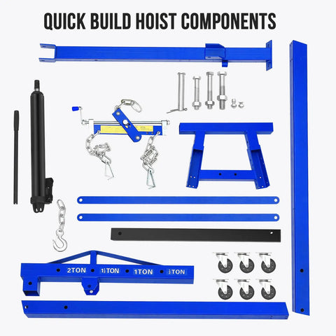 Heavy Duty Hydraulic Engine Hoist With 4400 Lb Capacity Telescoping Boom Folding Cherry Picker Shop Crane components including black hydraulic cylinder and blue frame parts.