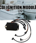 Plug And Play CDI Power Pack Replacement For Johnson Evinrude Outboards With Trim Or Without shown next to boat engine