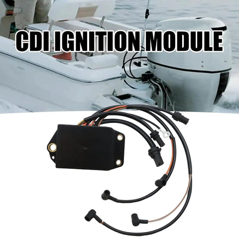 Plug And Play CDI Power Pack Replacement For Johnson Evinrude Outboards With Trim Or Without shown next to boat engine
