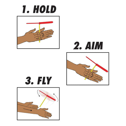 Totally Rad Flying Helicopter Prop Hand Spinner Set instructions: hold, aim, fly steps illustrated with hands and spinner