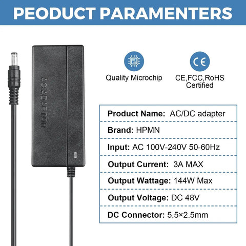 Beefy 48V 3A Power Supply For POE Switch And CCTV Camera, 144W AC/DC Adapter, product parameters and specifications