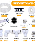 Clear PU Air Hose Kit components including tubing, tube cutter, connectors, and Teflon tape with specifications listed. For garages and shops.