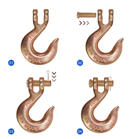 Beefy 4 Pack One Quarter Inch Clevis Slip Hooks Without Latch, Heavy Duty Grade 70 Tow Chain Hooks, 2600 Lbs Working Load Limit, top view