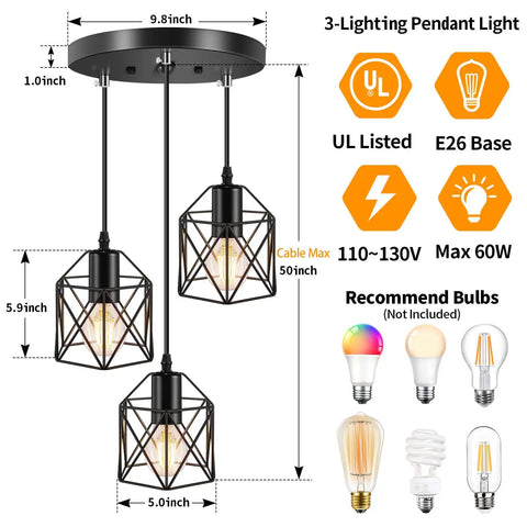 Industrial 3 Light Pendant Light With Adjustable Length Hanging Fixture Black Metal Cage Farmhouse Pendant for Kitchen