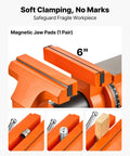 Heavy Duty Bench Vise In Beast Mode With 6 Inch Jaw Width, showing magnetic jaw pads for protecting workpieces in use.