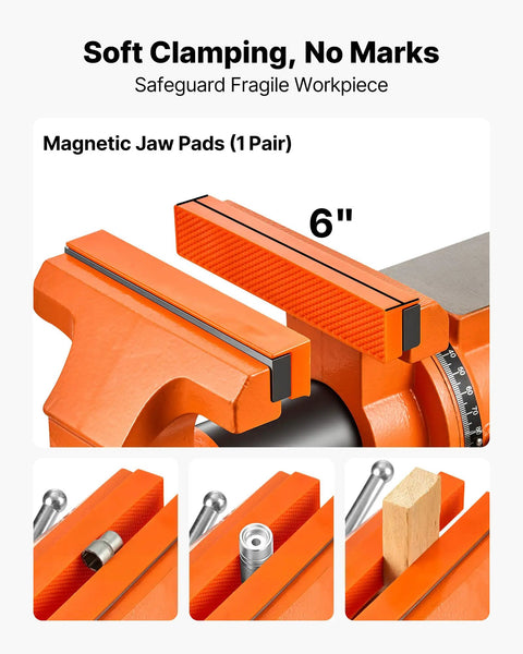 Heavy Duty Bench Vise In Beast Mode With 6 Inch Jaw Width, showing magnetic jaw pads for protecting workpieces in use.