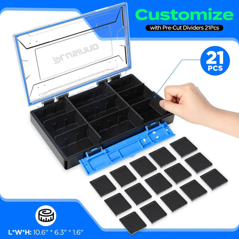 Adjustable Waterproof Fishing Tackle Box Organizer with 21 removable dividers being customized for lure and hook storage.