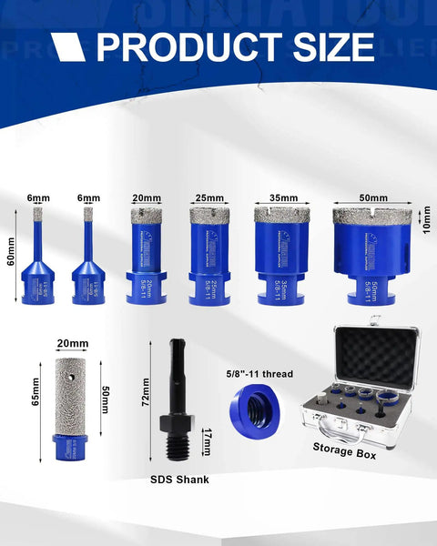 Diamond Core Drill Bit Set For Porcelain Tiles And Natural Stone Pro Grade Hole Saw Cutter Kit showing 8pc bit sizes and case