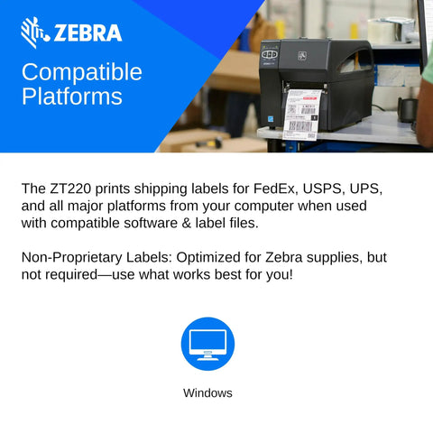Rock Solid Zt220 Thermal Industrial Label Printer With Dead Nuts Crisp 203 DPI Output On A Roomy Four Inch Span featuring USB and Windows compatibility.