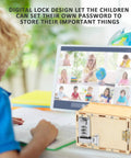 Child uses Four Model STEM Kit Set For Kids Ages 8 13 Hands On Science Toys to build a wooden password lock case beside tablet.