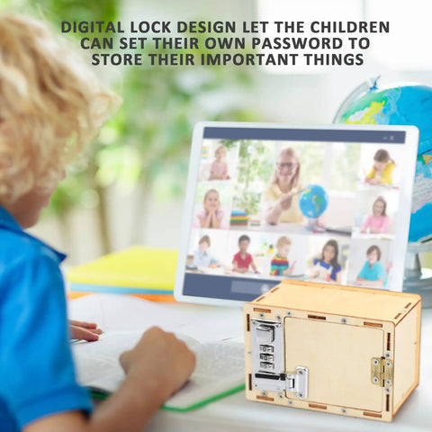 Child uses Four Model STEM Kit Set For Kids Ages 8 13 Hands On Science Toys to build a wooden password lock case beside tablet.