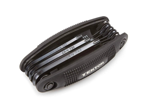 Folding Star Key Wrench Set, 8-Piece T9 To T40, Grab-And-Go, compact design showing folded black oxide wrenches with chamfered ends.