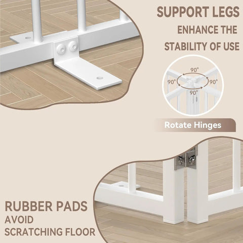 Close-up of support legs and rubber pads for stability on Short Dog Gate For Tiny Paws Under Fifteen Pounds With Foldable Four Panel Barrier Expands To Forty Eight Inches Wide Easy Doorway And Stair Fix In White.