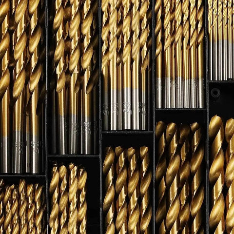 99 Piece Extra Heavy Duty Drill Bit Set For Steel Wood Metal Copper Aluminum With Rugged Storage Case showing various high speed steel drill bits.