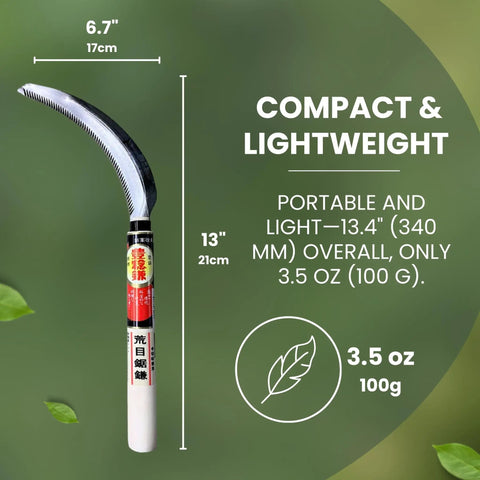 Weeding Sickle Kama with curved serrated edge, lightweight high carbon Japanese steel blade, 13.4-inch overall length.
