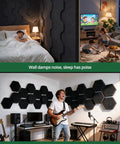 Professional Grade MLV Backed Dual Thickness Sound Proof Foam Panels Hexagon Acoustic Wall Tiles in a home theater and bedroom.