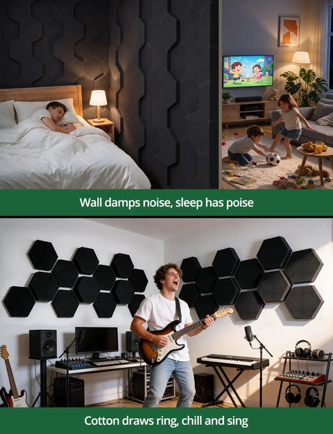 Professional Grade MLV Backed Dual Thickness Sound Proof Foam Panels Hexagon Acoustic Wall Tiles in a home theater and bedroom.