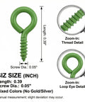 Close-up of green screw eye pin, 0.39 inch length, 0.05 inch diameter, with magnified thread and loop eye detail; 600 Piece Mixed Color Mini Screw Eye Pins For Jewelry Making And DIY Crafts, Tiny Eye Hook Pins With Threads, Micro Eyelet Screws, 0.39 Inch Length, 0.05 Inch Diameter, No Gold Or Silver.