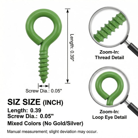 Close-up of green screw eye pin, 0.39 inch length, 0.05 inch diameter, with magnified thread and loop eye detail; 600 Piece Mixed Color Mini Screw Eye Pins For Jewelry Making And DIY Crafts, Tiny Eye Hook Pins With Threads, Micro Eyelet Screws, 0.39 Inch Length, 0.05 Inch Diameter, No Gold Or Silver.