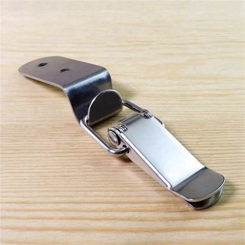 Duck Mouth Buckle Hook Lock Stainless Steel Spring Loaded Draw Toggle Latch Clamp with Lock 20 Pack, close-up angle on wood surface