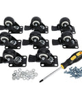 8 Pack 2 Inch Heavy Duty Swivel Plate Caster Wheels With Double Brake And PU Foam No Noise For Furniture Tables Trolleys Workbenches And Garage Use Each Caster Supports Up To 150 Lbs Durable Top Plate With Double Ball Bearing For Smooth Quiet Rolling displayed with screws and screwdriver