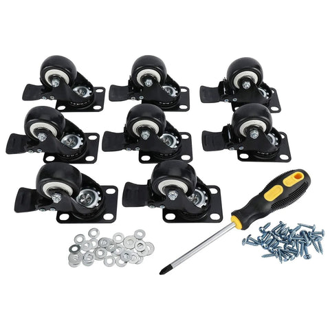 8 Pack 2 Inch Heavy Duty Swivel Plate Caster Wheels With Double Brake And PU Foam No Noise For Furniture Tables Trolleys Workbenches And Garage Use Each Caster Supports Up To 150 Lbs Durable Top Plate With Double Ball Bearing For Smooth Quiet Rolling displayed with screws and screwdriver