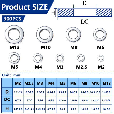 Front view of 300pcs stainless steel flat washers, M2-M12, 304 SS, Amazon brand