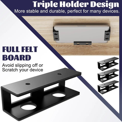 Slick Under Desk Laptop Mount Game Changer For Compact Home Offices Featuring Adjustable Three Piece Brackets That Frees Up Legroom Includes Anti Slip Felt Backing To Guard Your Rig, triple holder design with full felt backing.