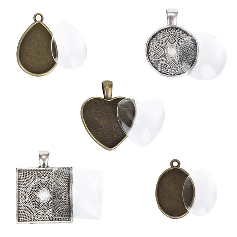 Sixty Piece DIY Resin Making Kit Featuring Five Style Glass Dome Cabochon Pendant Trays For Custom Jewelry Designs Pretty Slick Craft Supply Bundle